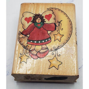 Inkadinkado Alma Lynne Angel Heart on Moon Wood Mounted Rubber Stamp